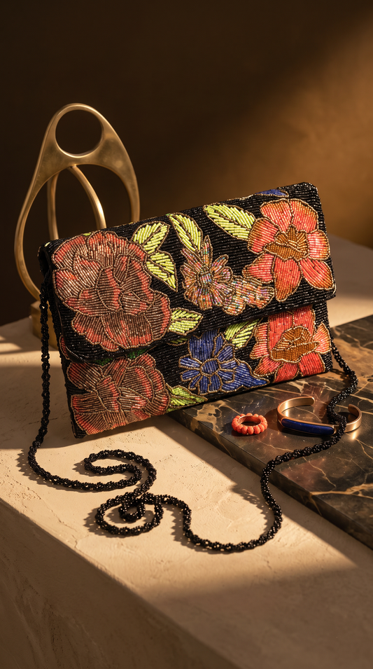 Black Midnight Botanical Hand-Beaded Crossbody Clutch | Amal Ayub