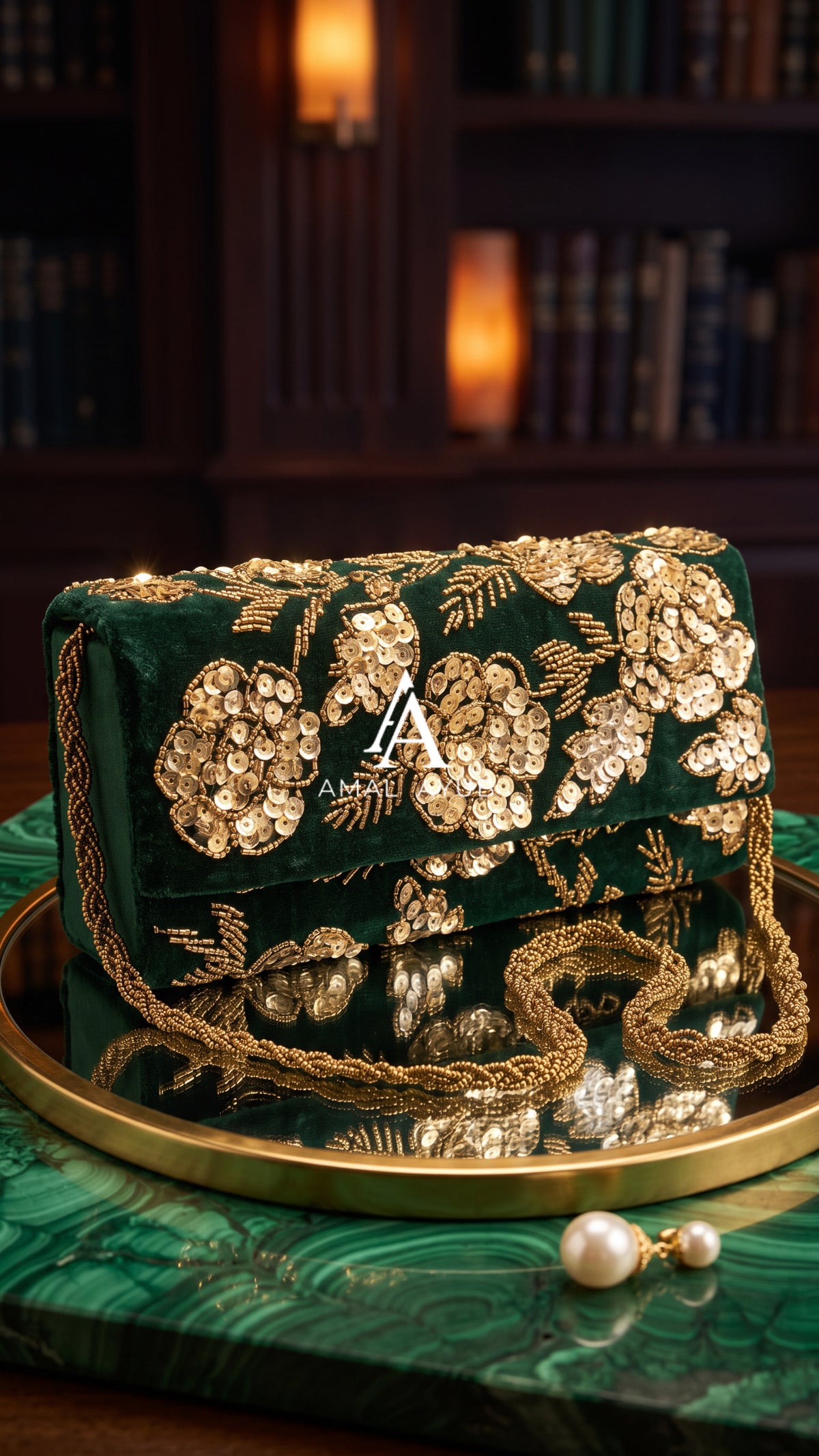 Emerald Green Bridal Clutch with Gold Embroidery |