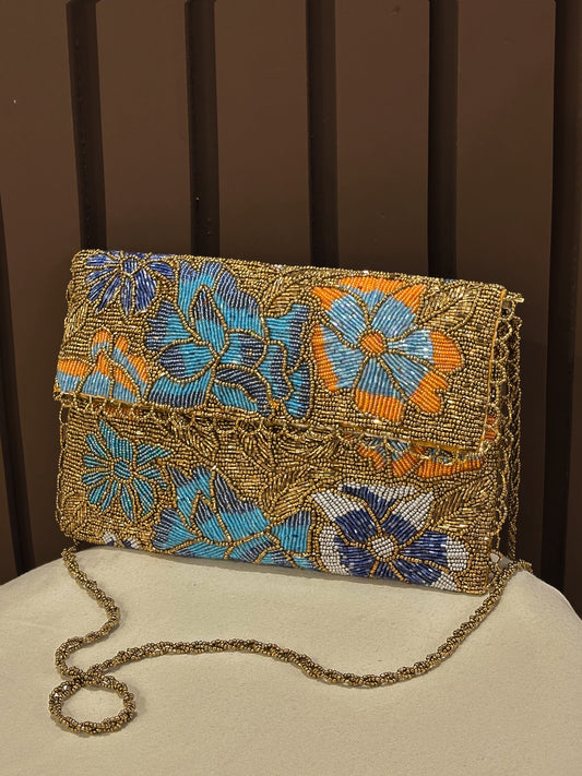 Gold & Blue Hand-Embellished Floral Clutch Bag| Amal Ayub