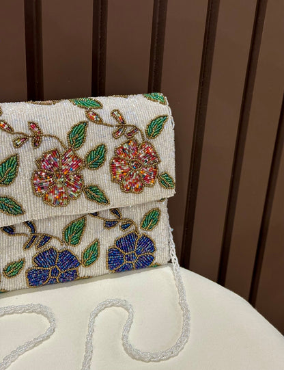Handmade White Floral clutch | Evening bag for girls | Festive purse | Wedding | Party