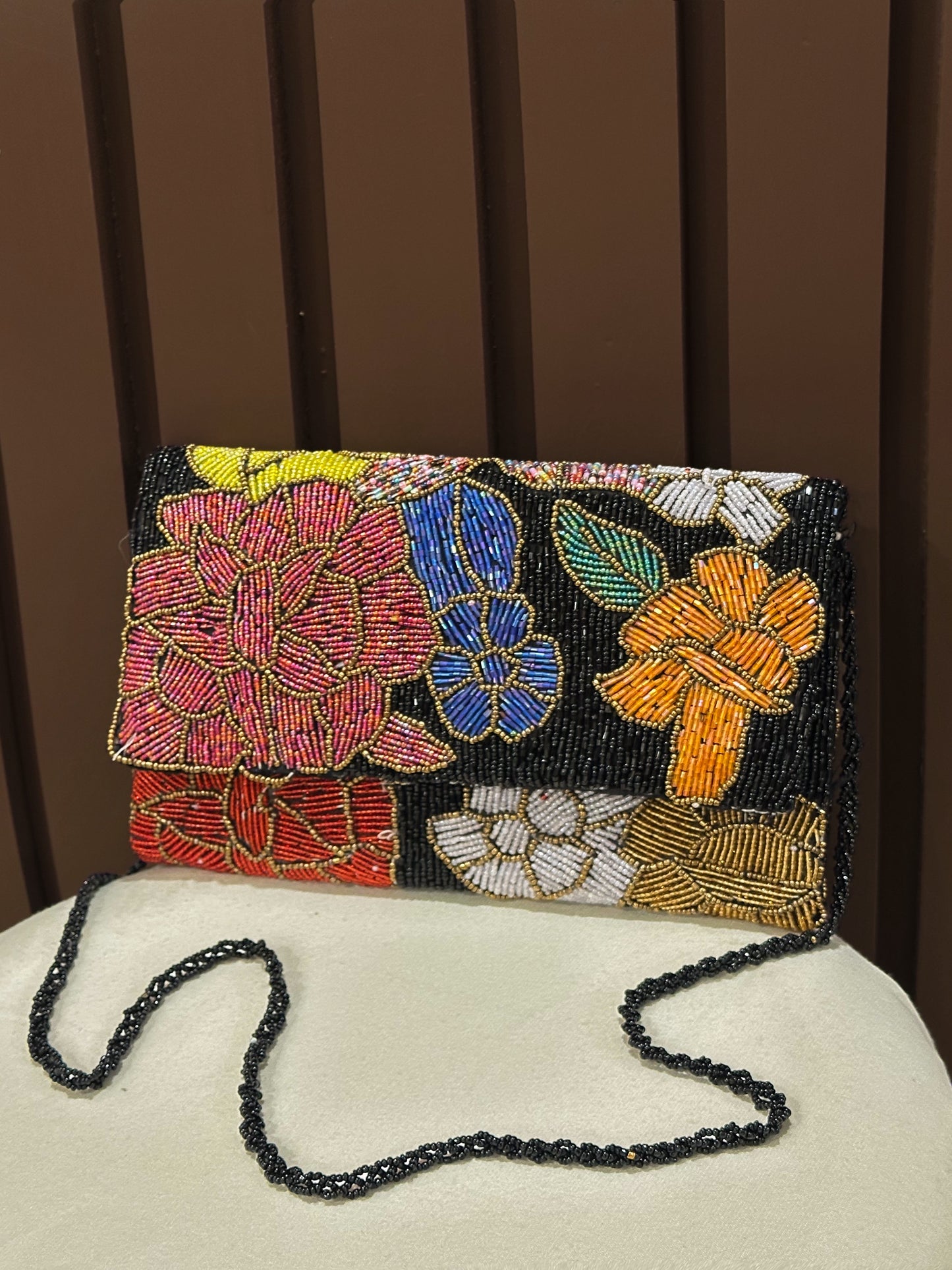 Black Noir Garden Floral Beaded Evening Clutch | Amal Ayub