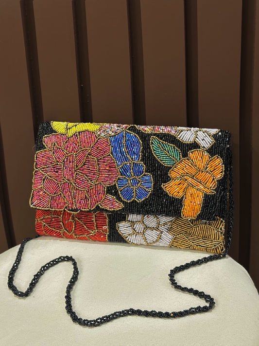 Black Noir Garden Floral Beaded Evening Clutch | Amal Ayub