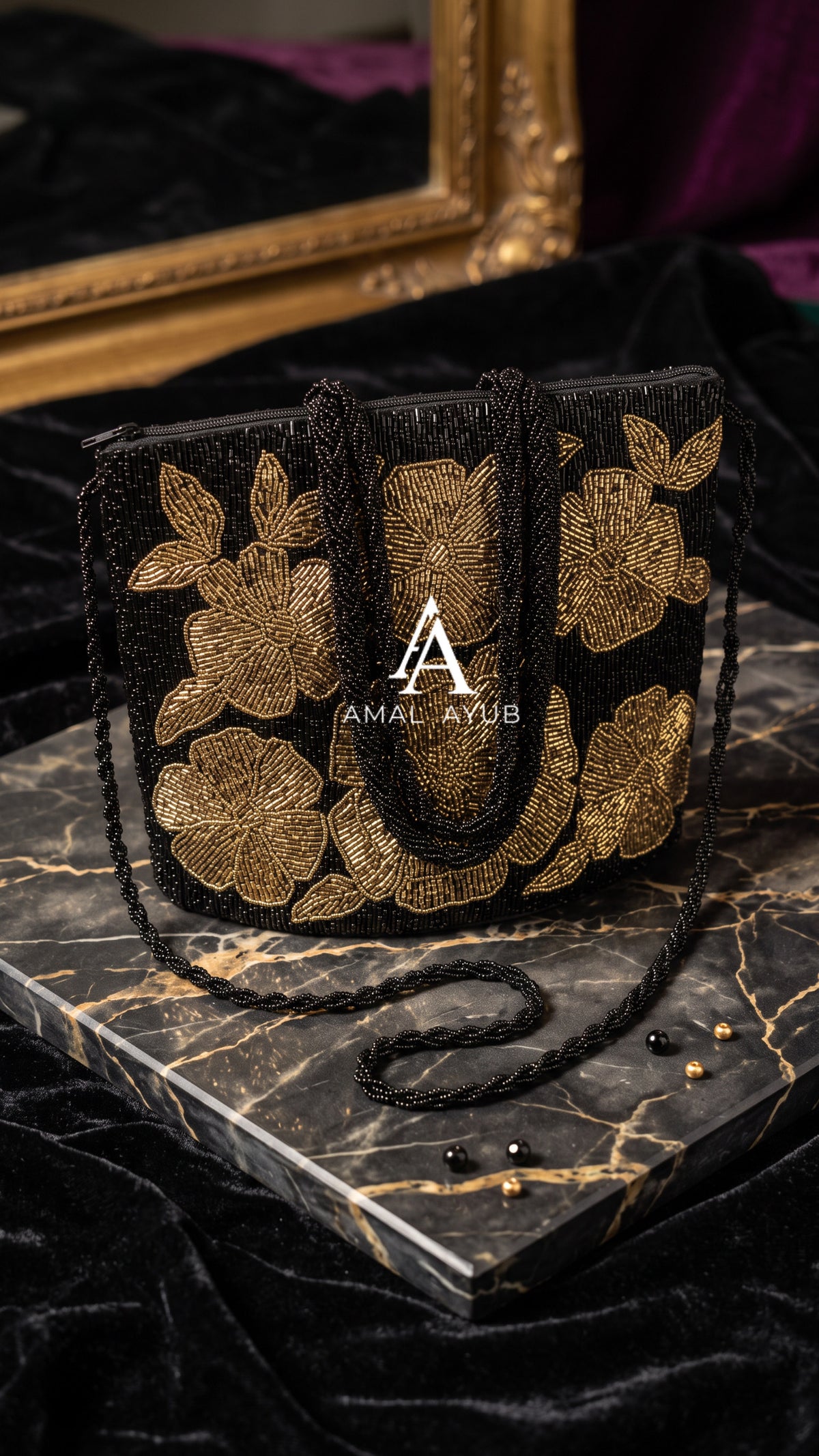 Black Beaded Bag with Gold Florals | Amal Ayub