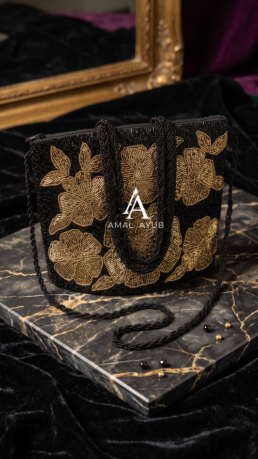 Black Beaded Bag with Gold Florals | Amal Ayub