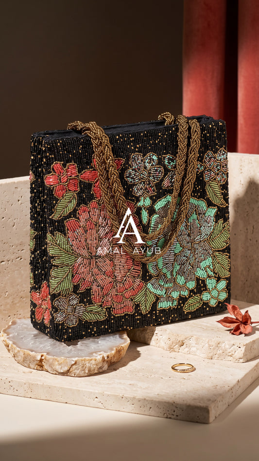 Black Multi floral Beaded Hand Embellished handbag | Weddings & Parties