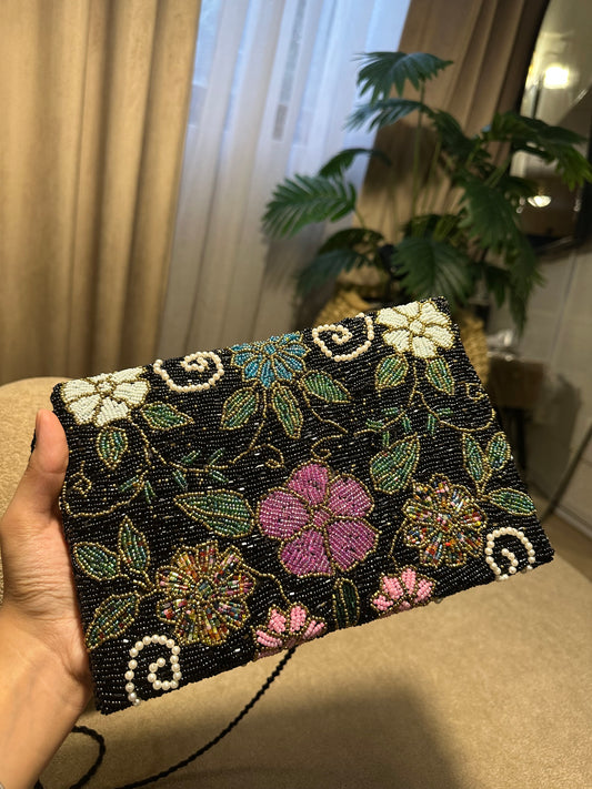 Black Floral Hand-Beaded Pearl Clutch for Weddings & Evening Events