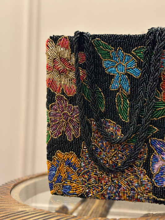 Detailed beadwork on black floral beaded handbag with braided shoulder strap - Handcrafted Party Wear Purse by Amal Ayub