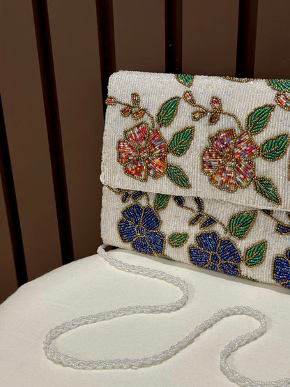 Handmade White Floral clutch | Evening bag for girls | Festive purse | Wedding | Party