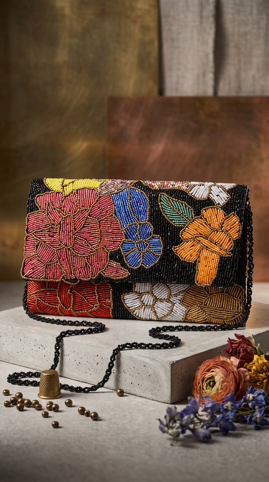 Black Noir Garden Floral Beaded Evening Clutch | Amal Ayub