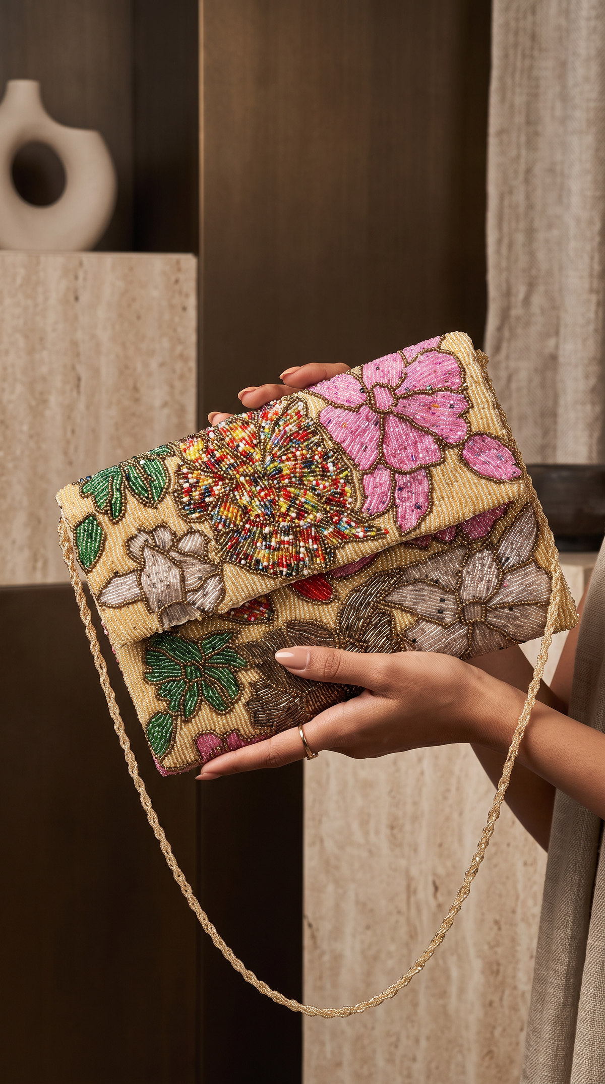 Gold Handcrafted Floral Beaded Clutch Bag | Amal Ayub