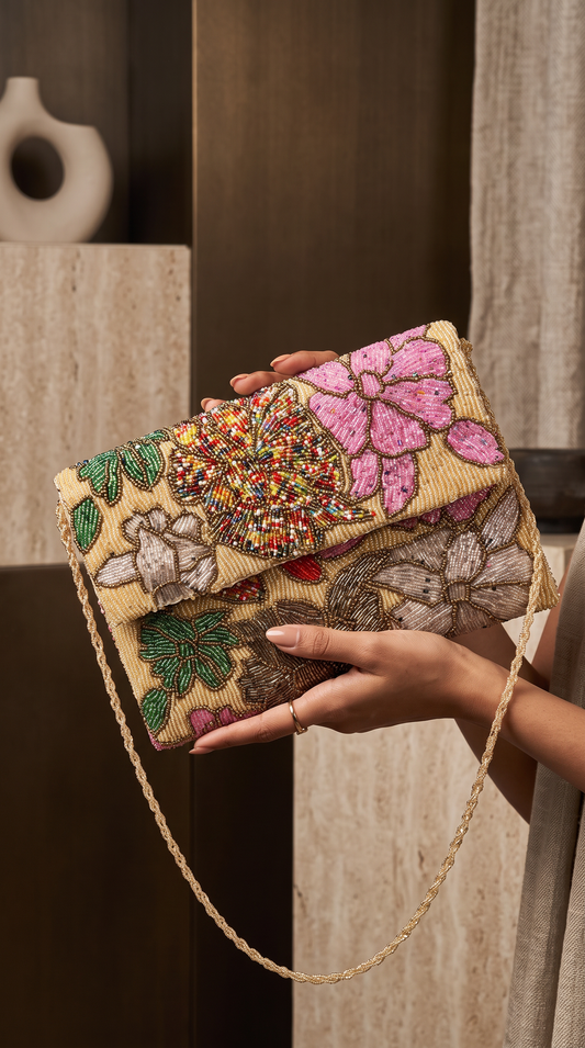Gold Handcrafted Floral Beaded Clutch Bag | Amal Ayub