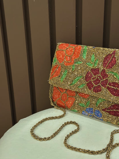 Gold Royal Floral Artisanal Beaded Clutch Purse | Amal Ayub