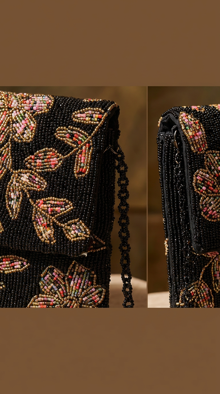 Black Floral Handcrafted Beaded Evening Clutch | Amal Ayub