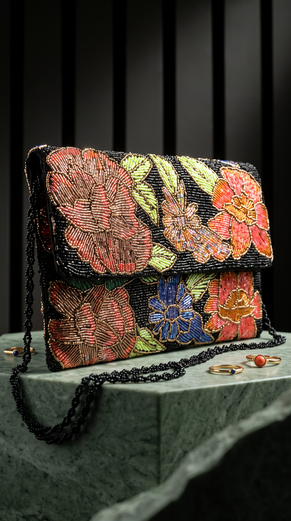 Black Midnight Botanical Hand-Beaded Crossbody Clutch | Amal Ayub