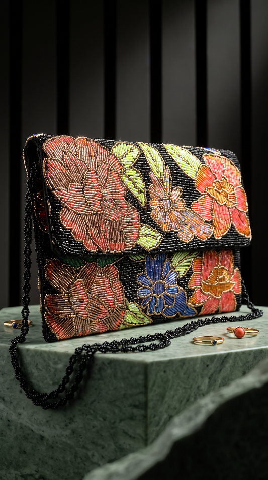 Black Midnight Botanical Hand-Beaded Crossbody Clutch | Amal Ayub