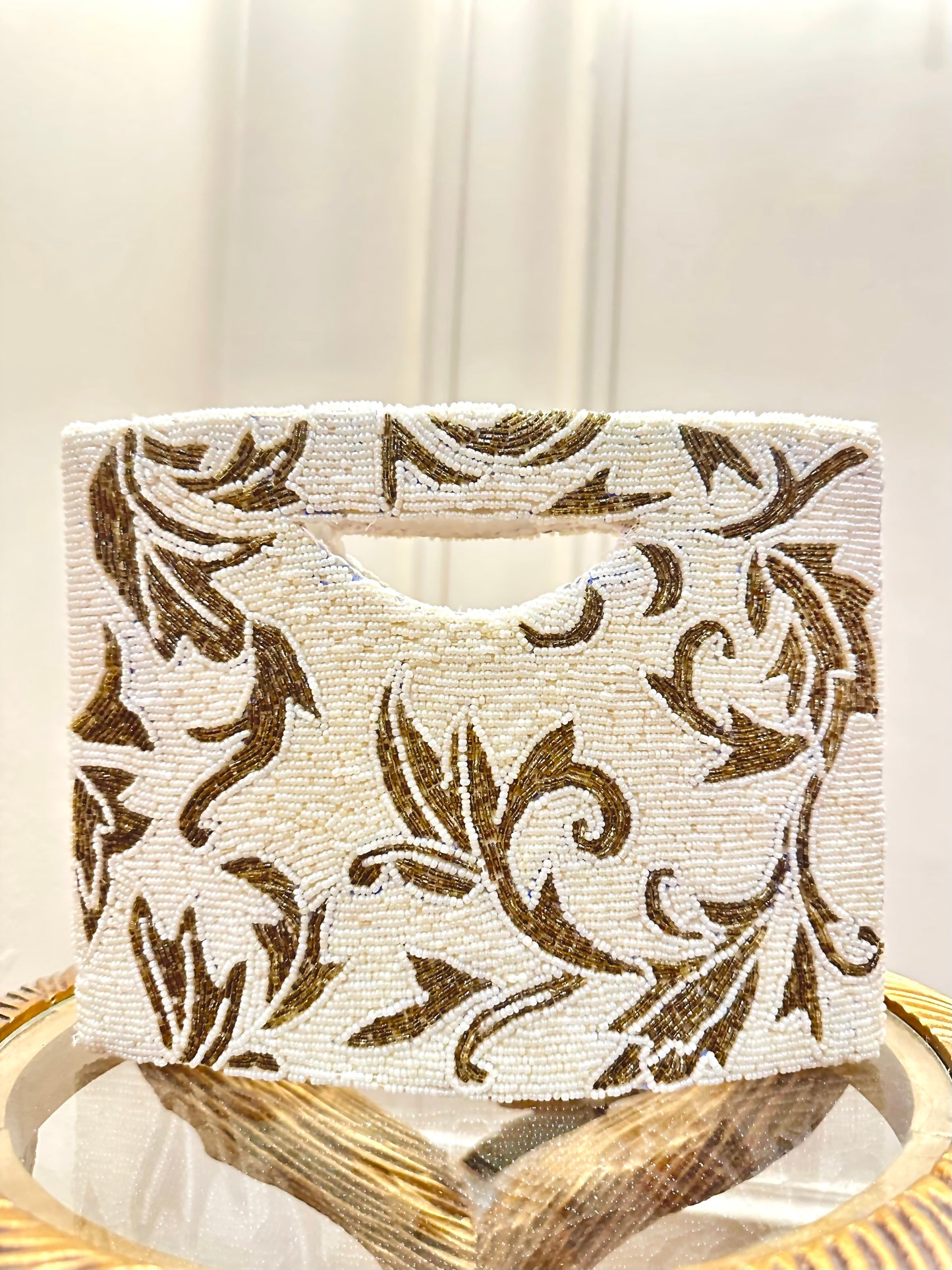 Handmade Ivory & Antique Gold Beaded Clutch Bag | Luxury Wedding & Evening Purse