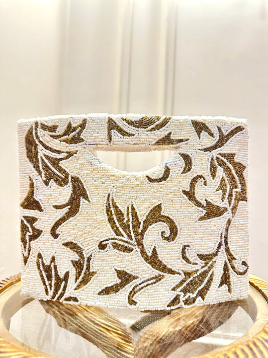 Handmade Ivory & Antique Gold Beaded Clutch Bag | Luxury Wedding & Evening Purse