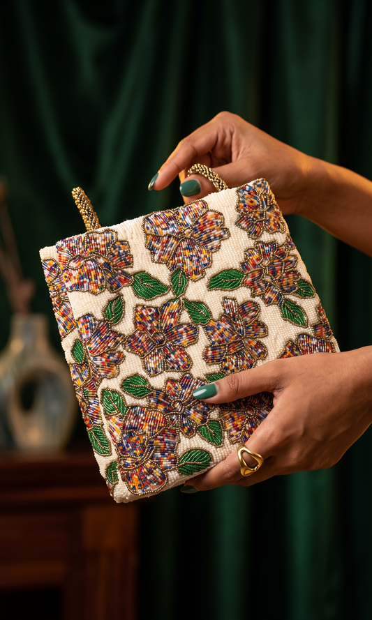 Off White Mosaic Beaded Shoulder Bags | Amal Ayub