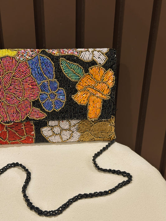 Black Noir Garden Floral Beaded Evening Clutch | Amal Ayub