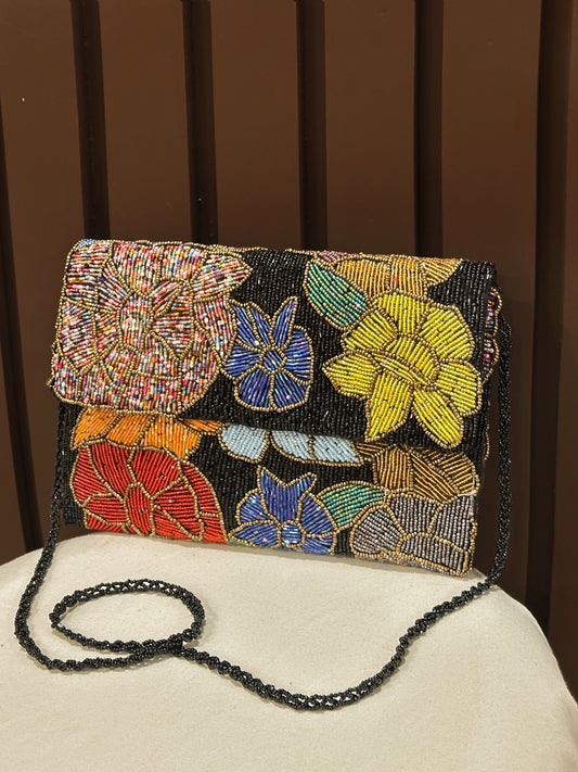 Black Midnight Floral Multicolour  Handcrafted Black Beaded Clutch | Amal Ayub