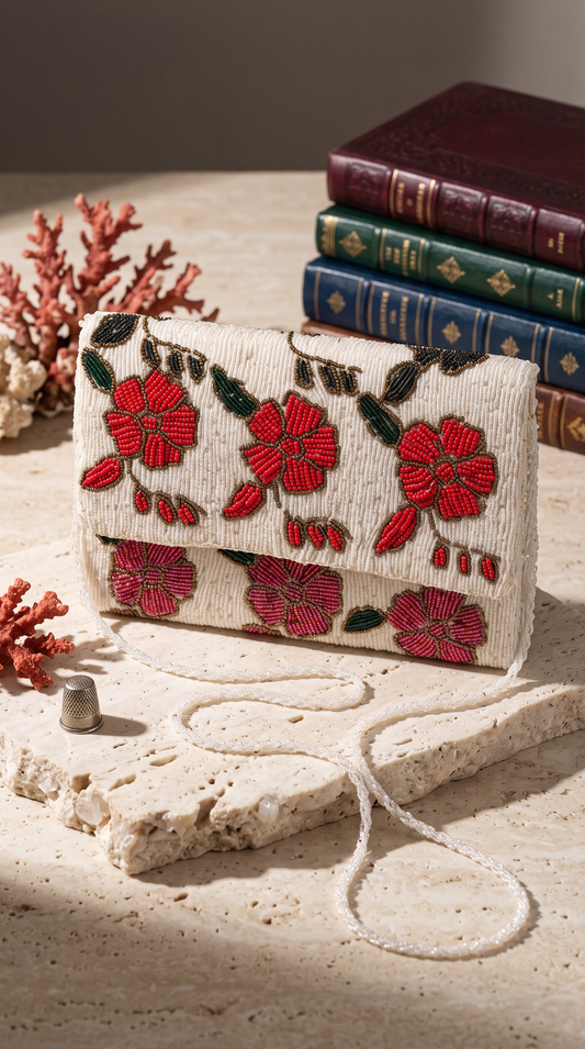 Hand-Beaded Red & Pink Floral Clutch &  Shoulder Bag for Girls | Amal Ayub