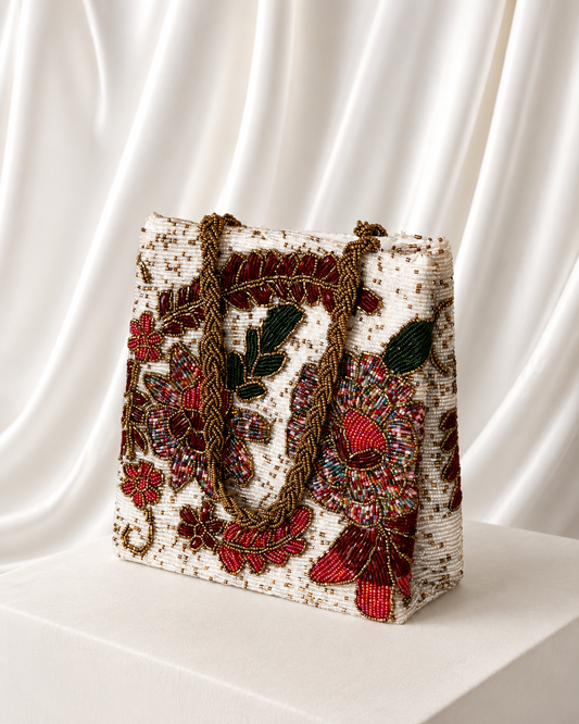 White floral hand embellished handbag