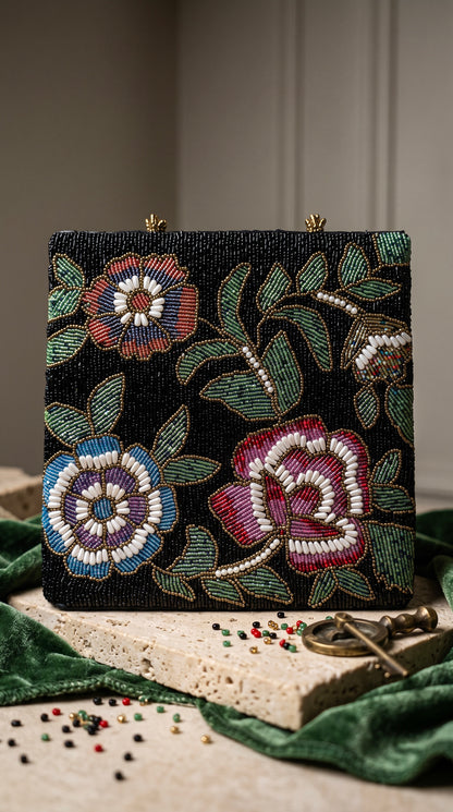 Beaded Black Pearl Floral Bag | Evening Bag | Wedding bag