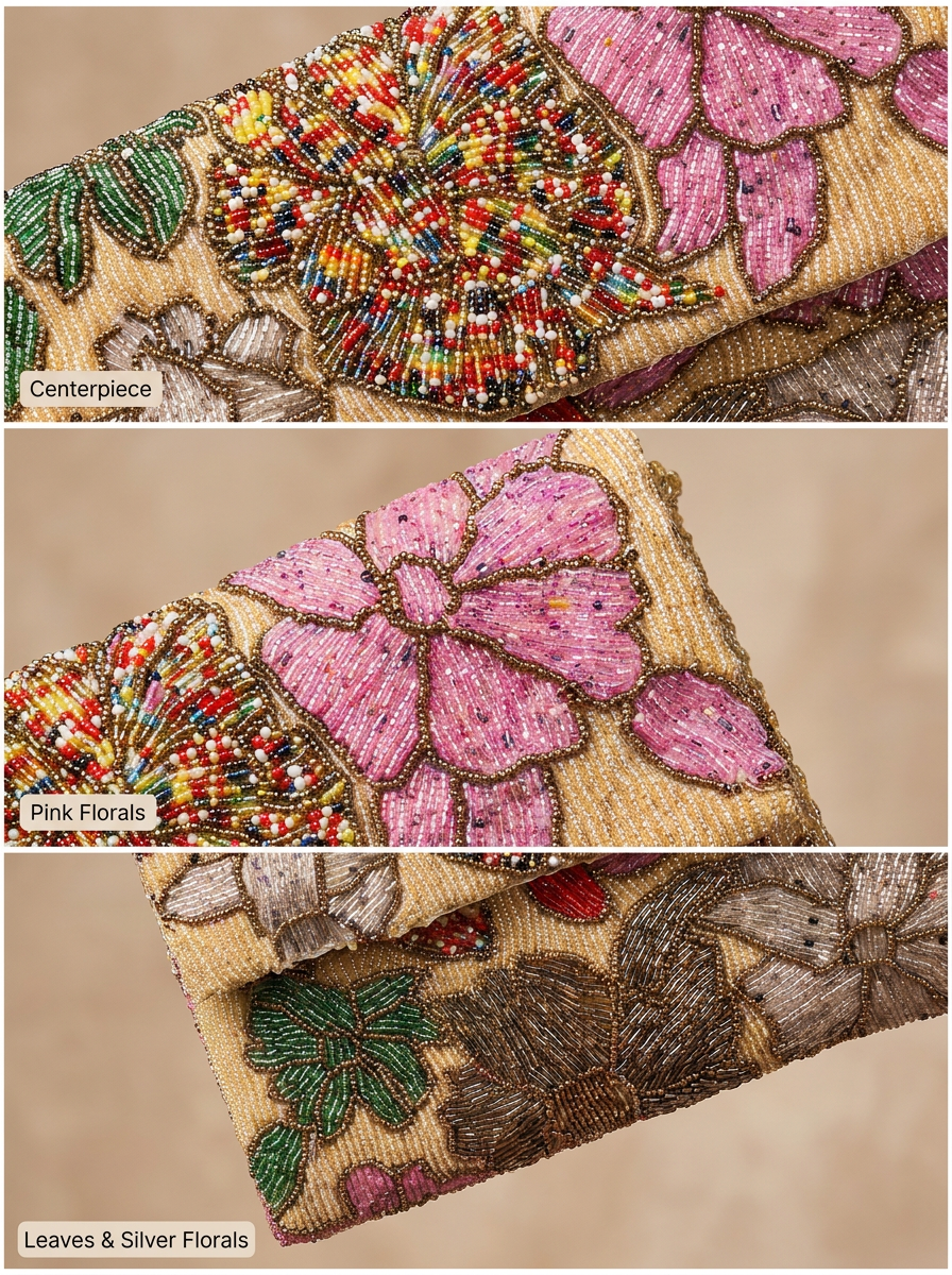 Gold Handcrafted Floral Beaded Clutch Bag | Amal Ayub