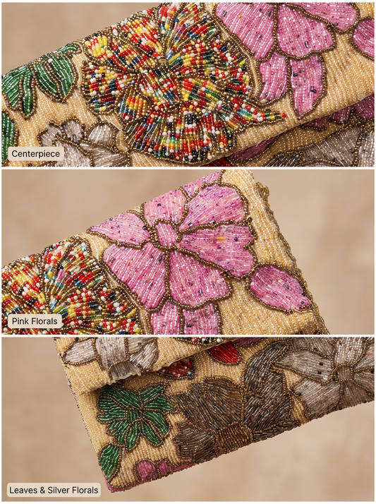 Gold Handcrafted Floral Beaded Clutch Bag | Amal Ayub