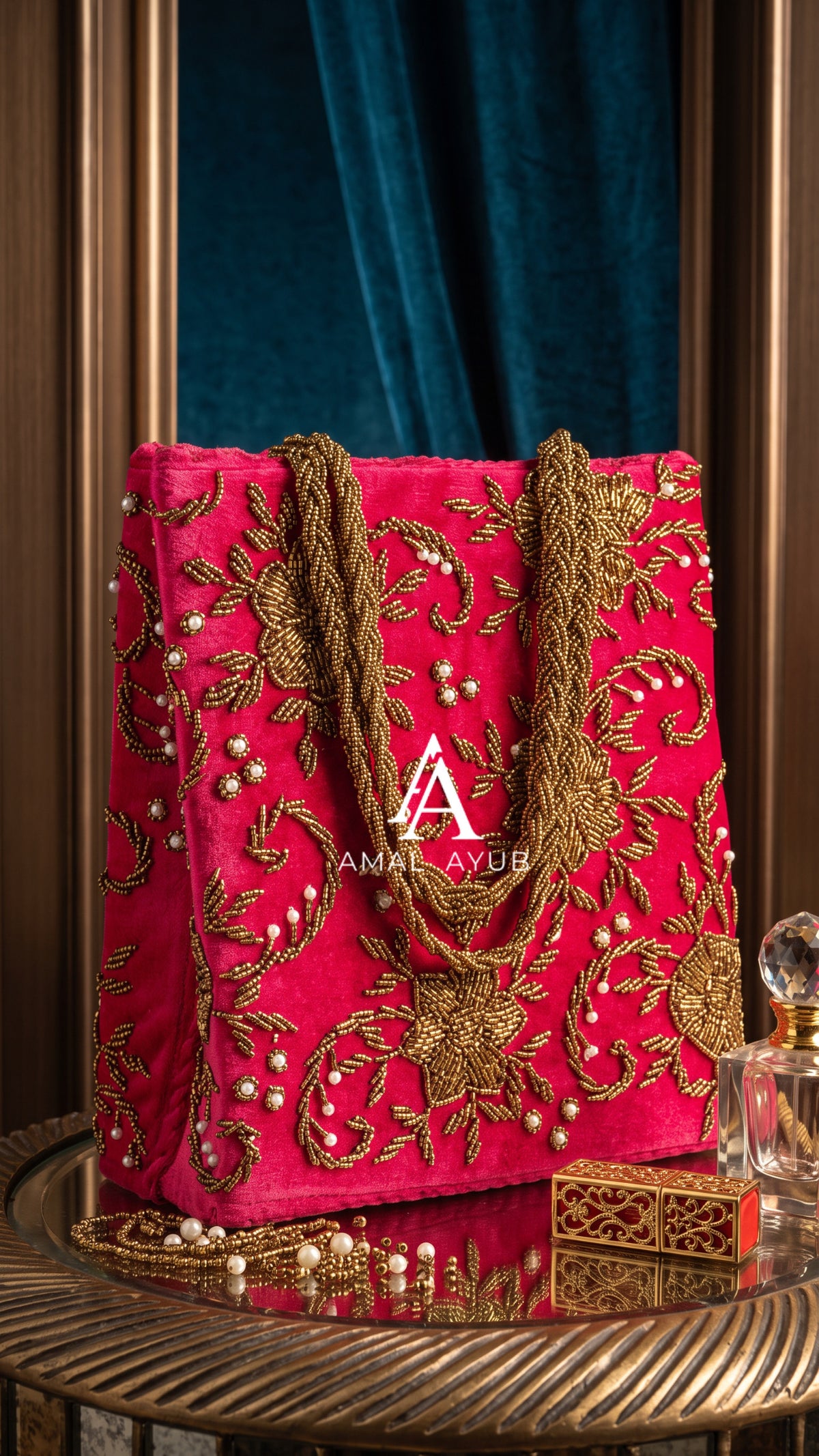 Hot Pinkish/red Velvet Evening Bag with Zardozi Work | Amal Ayub
