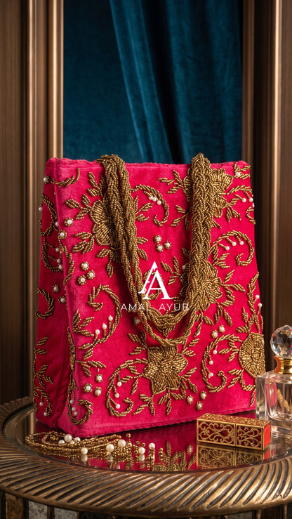 Hot Pinkish/red Velvet Evening Bag with Zardozi Work | Amal Ayub