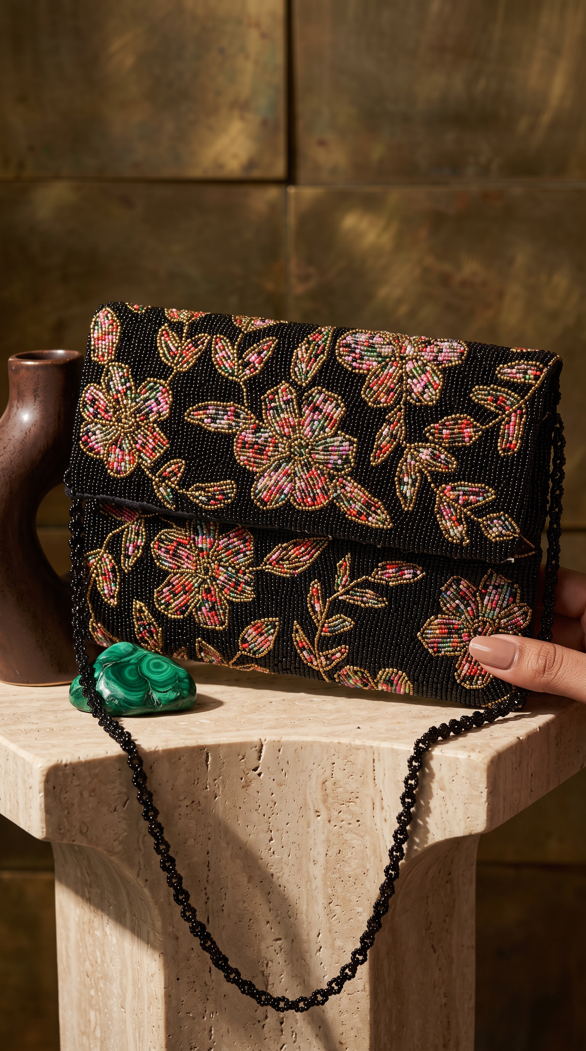 Black Floral Handcrafted Beaded Evening Clutch | Amal Ayub