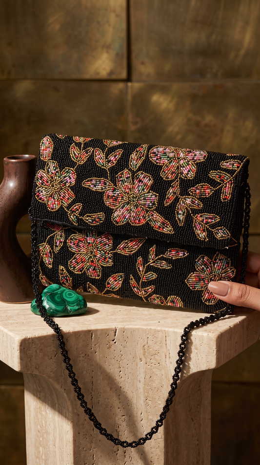 Black Floral Handcrafted Beaded Evening Clutch | Amal Ayub