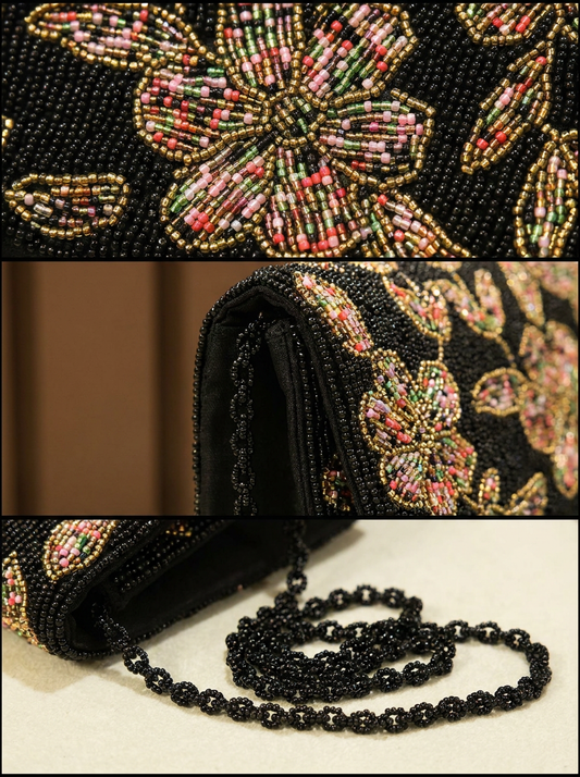 Black Floral Handcrafted Beaded Evening Clutch | Amal Ayub