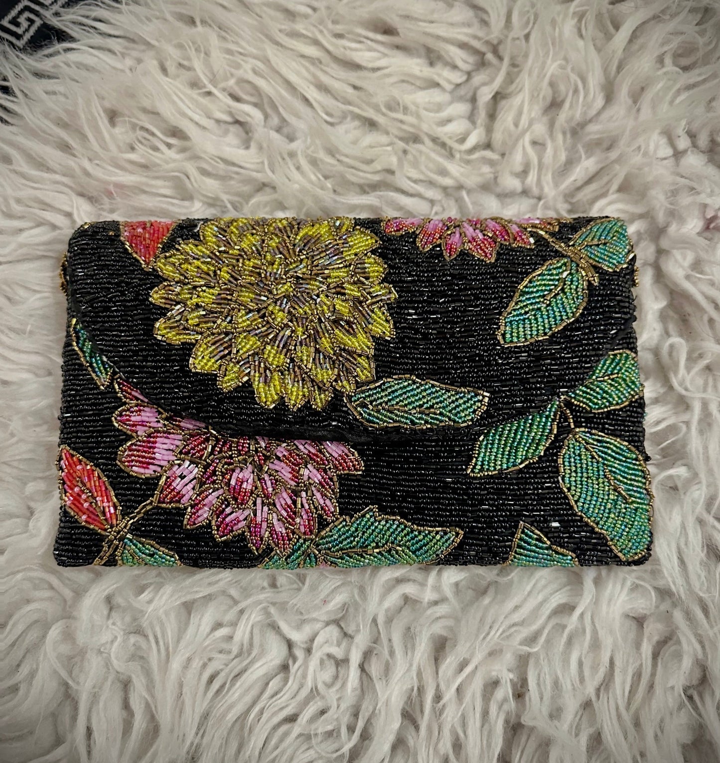 Black Floral Hand-Beaded Clutch- Handmade designer evening Purse