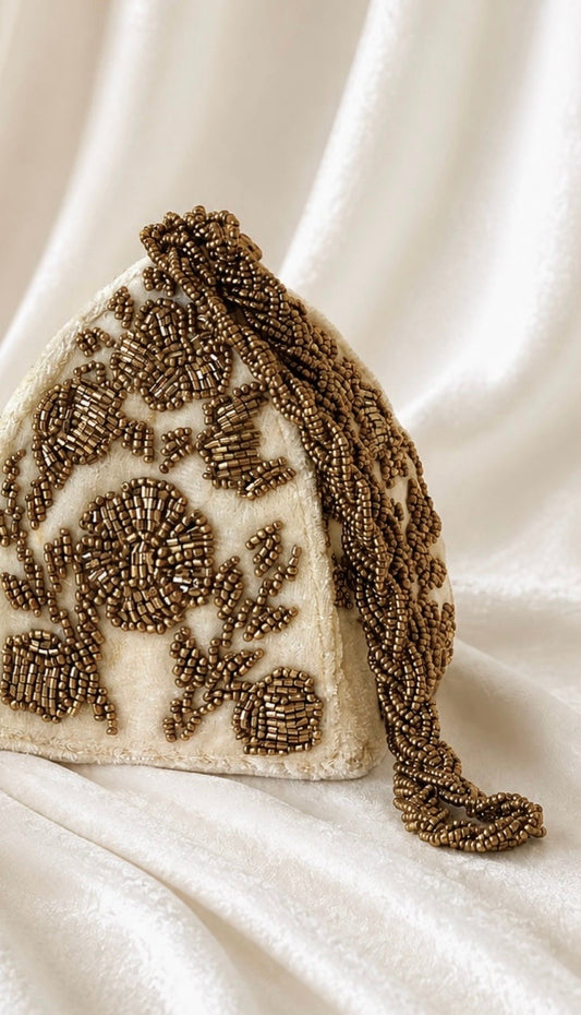 Dull Gold Pyramid style potli clutch Pakistan