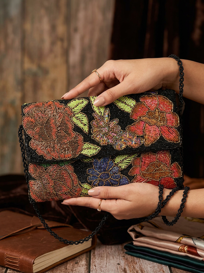 Black Midnight Botanical Hand-Beaded Crossbody Clutch | Amal Ayub
