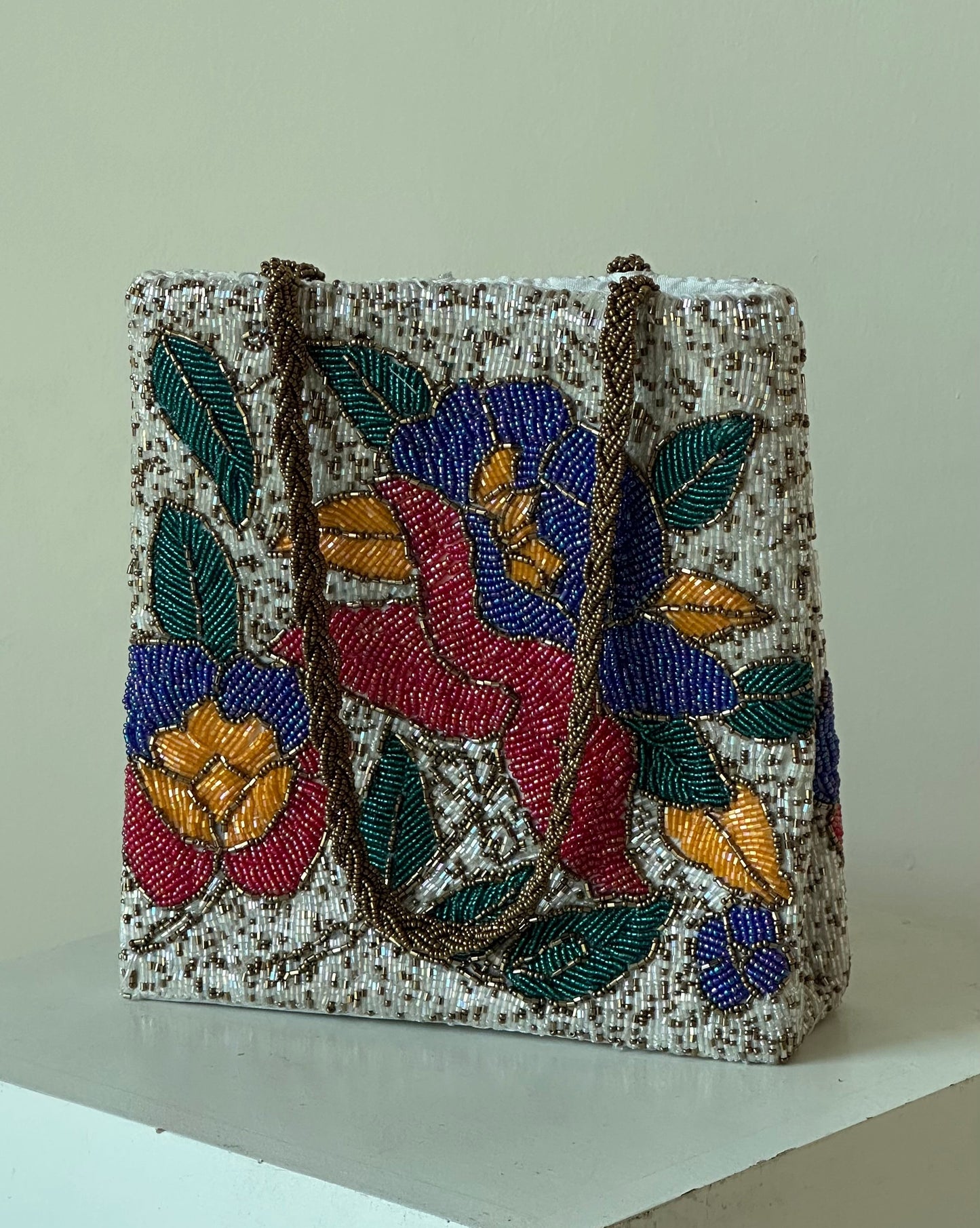 Ivory multi floral beaded handbag