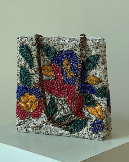 Ivory multi floral beaded handbag