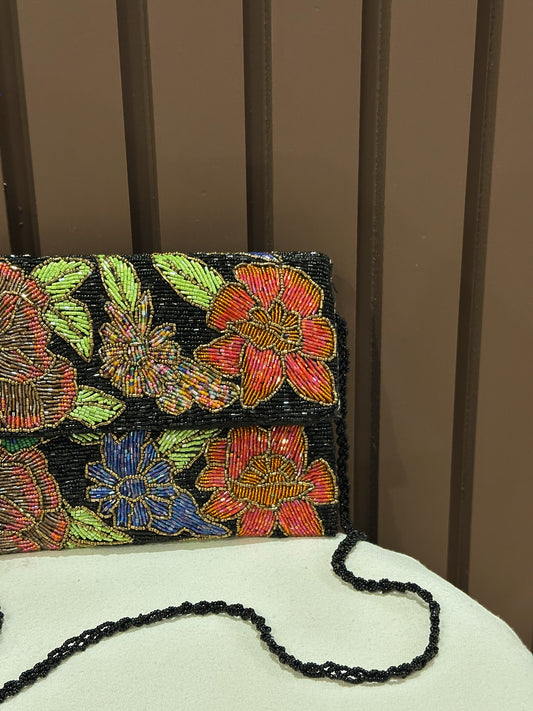 Black Midnight Botanical Hand-Beaded Crossbody Clutch | Amal Ayub