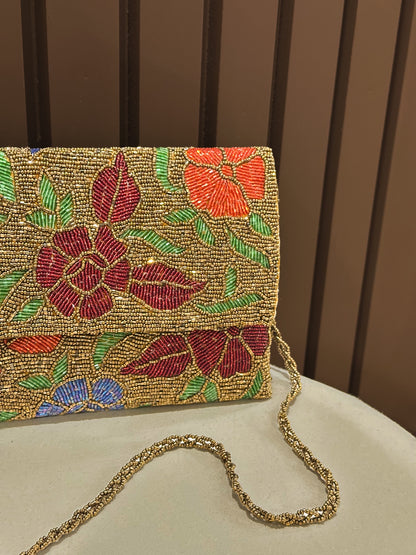 Gold Royal Floral Artisanal Beaded Clutch Purse | Amal Ayub