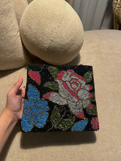 Black floral motive evening beaded handbag girls