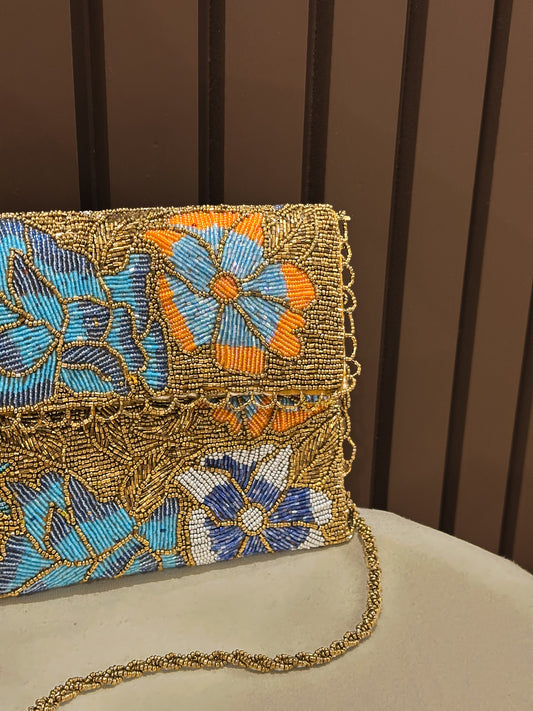 Gold & Blue Hand-Embellished Floral Clutch Bag| Amal Ayub