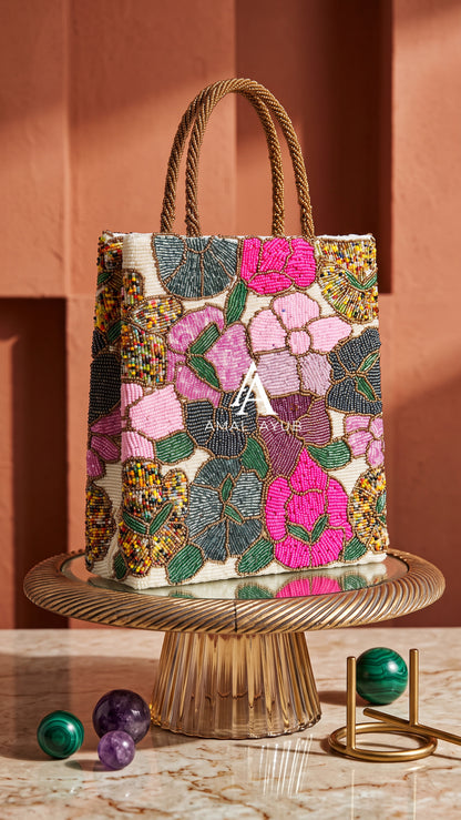 Ivory Beaded Evening Bag with Pink Floral Work | Amal Ayub