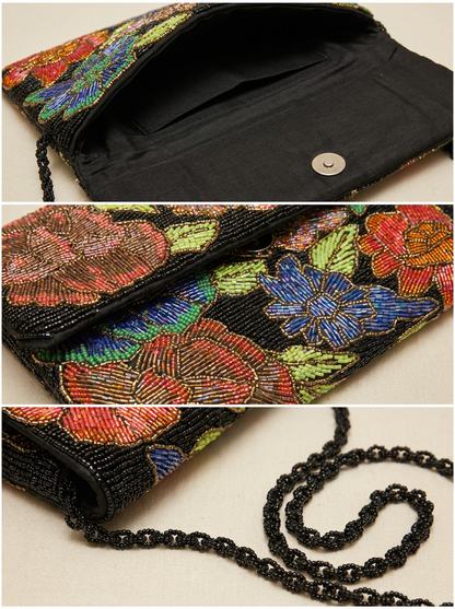 Black Midnight Botanical Hand-Beaded Crossbody Clutch | Amal Ayub