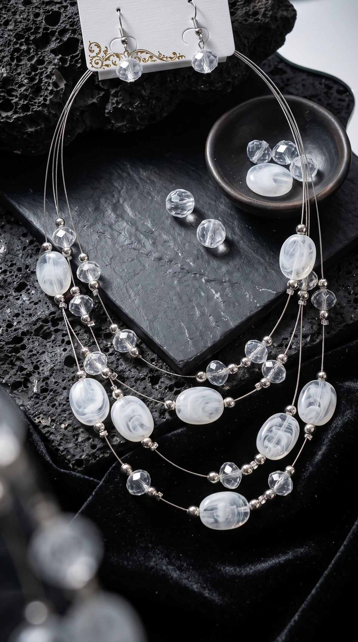 Silver & White Layered Statement Necklace and Earring Set – 4-Strand Beaded Jewelry with Crystal Accents