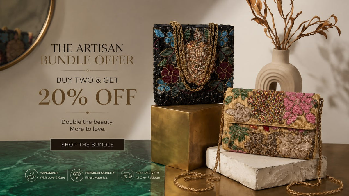 Artisan bundle offer: Buy three hand-embellished floral beaded ladies bags and get 20% off.