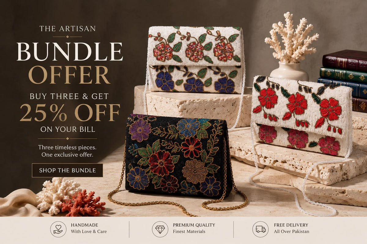 Artisan bundle offer: Buy three hand-embellished floral beaded ladies bags and get 25% off.