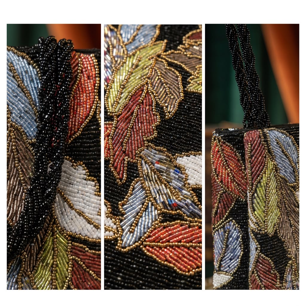 Close-up details of Amal Ayub hand-embroidered glass bead foliage patterns, twisted black beaded strap, and side profile finish