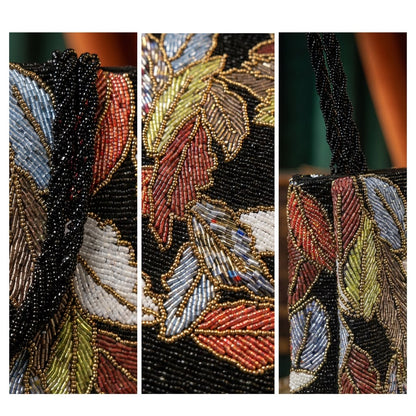 Close-up details of Amal Ayub hand-embroidered glass bead foliage patterns, twisted black beaded strap, and side profile finish